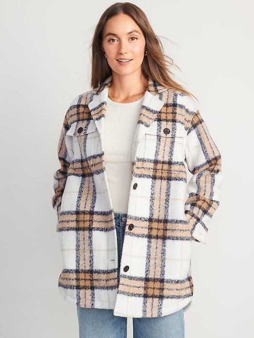 Image number 1 showing, Printed Flannel Long Utility Shacket for Women