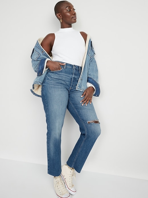 Image number 3 showing, Curvy Extra High-Waisted Button-Fly Sky-Hi Straight Ripped Jeans