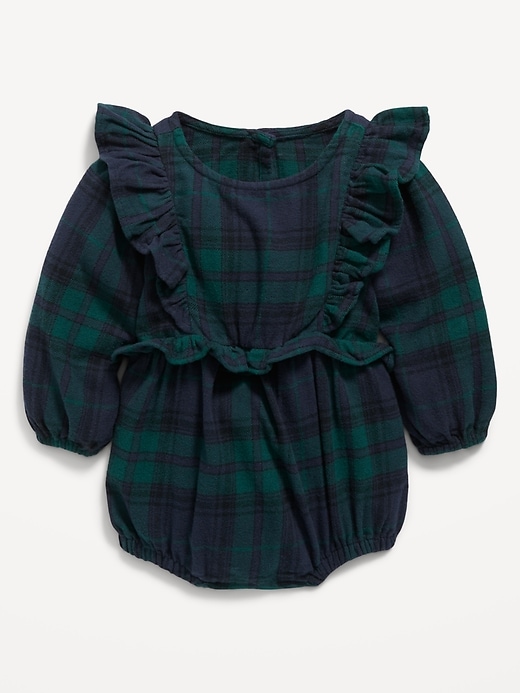 View large product image 1 of 1. Long-Sleeve Ruffle-Trim Plaid One-Piece Romper for Baby