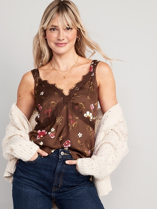 Image number 1 showing, Lace-Trimmed Floral Satin Cami Top for Women