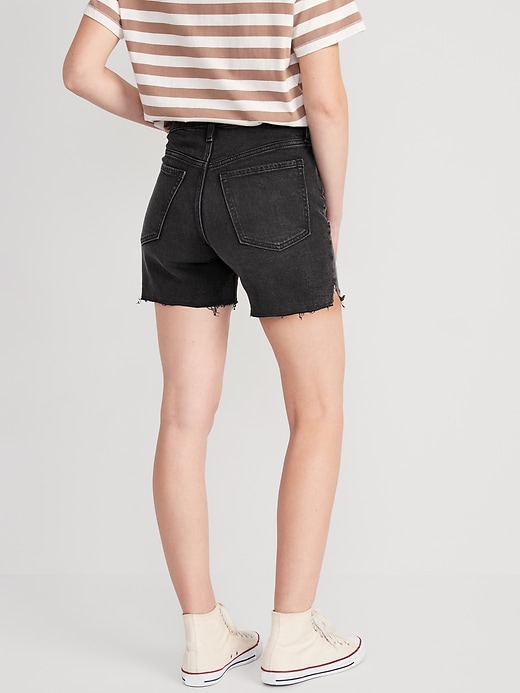 Image number 2 showing, High-Waisted Button-Fly O.G. Straight Ripped Side-Slit Jean Shorts -- 5-inch inseam