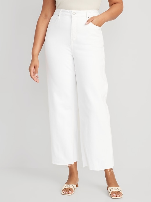 Image number 5 showing, Extra High-Waisted Cropped White Wide-Leg Cut-Off Jeans