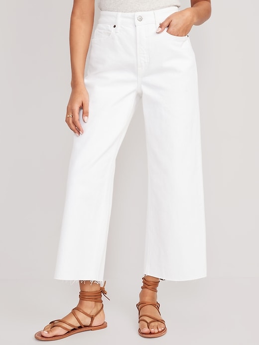 Image number 1 showing, Extra High-Waisted Cropped White Wide-Leg Cut-Off Jeans