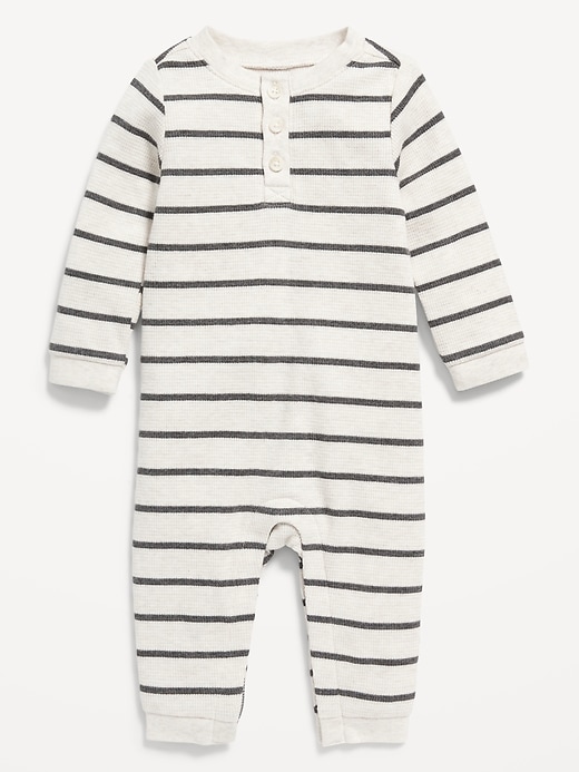 View large product image 1 of 2. Long-Sleeve Striped Thermal-Knit Henley One-Piece for Baby