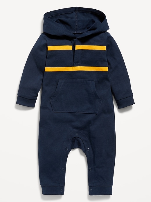 View large product image 1 of 2. Unisex Striped Hooded Henley One-Piece for Baby