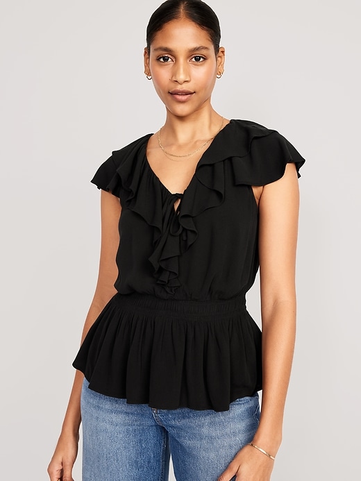 Image number 1 showing, Waist-Defined Ruffle-Trim Top