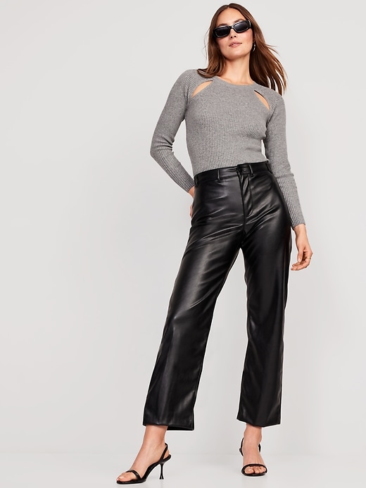 Image number 3 showing, High-Waisted Faux-Leather Cropped Wide-Leg Pants
