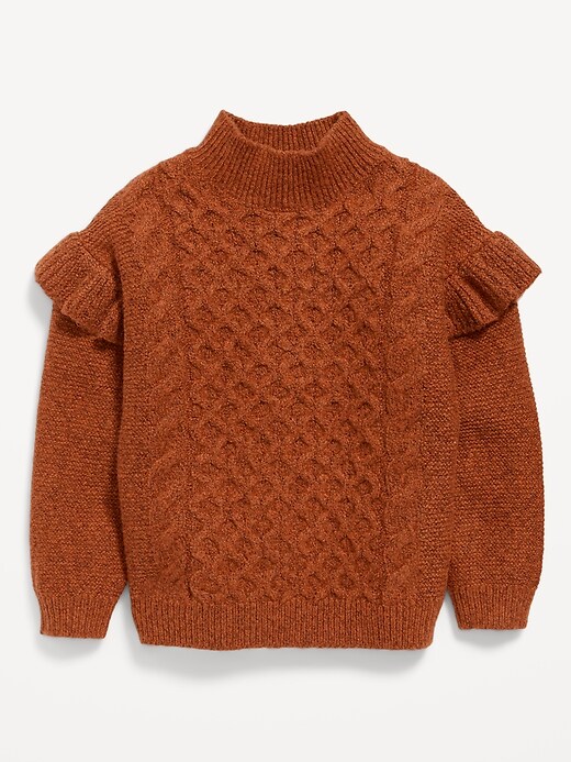 View large product image 1 of 2. Mock-Neck Ruffle-Trim Cable-Knit Sweater for Toddler Girls