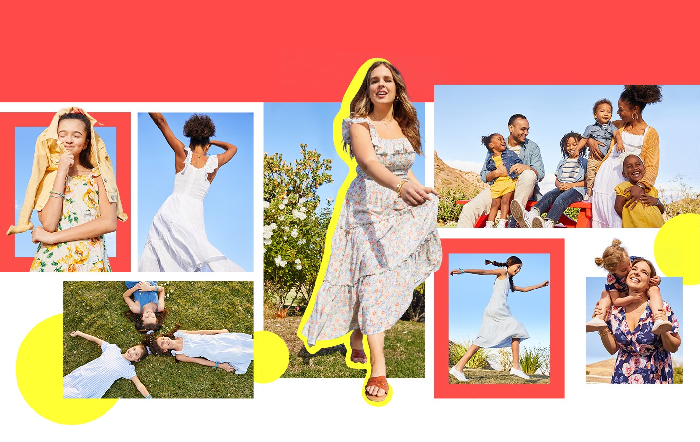 Multiple images show models wearing dresses and laying down on the green ground and enjoying with family time.