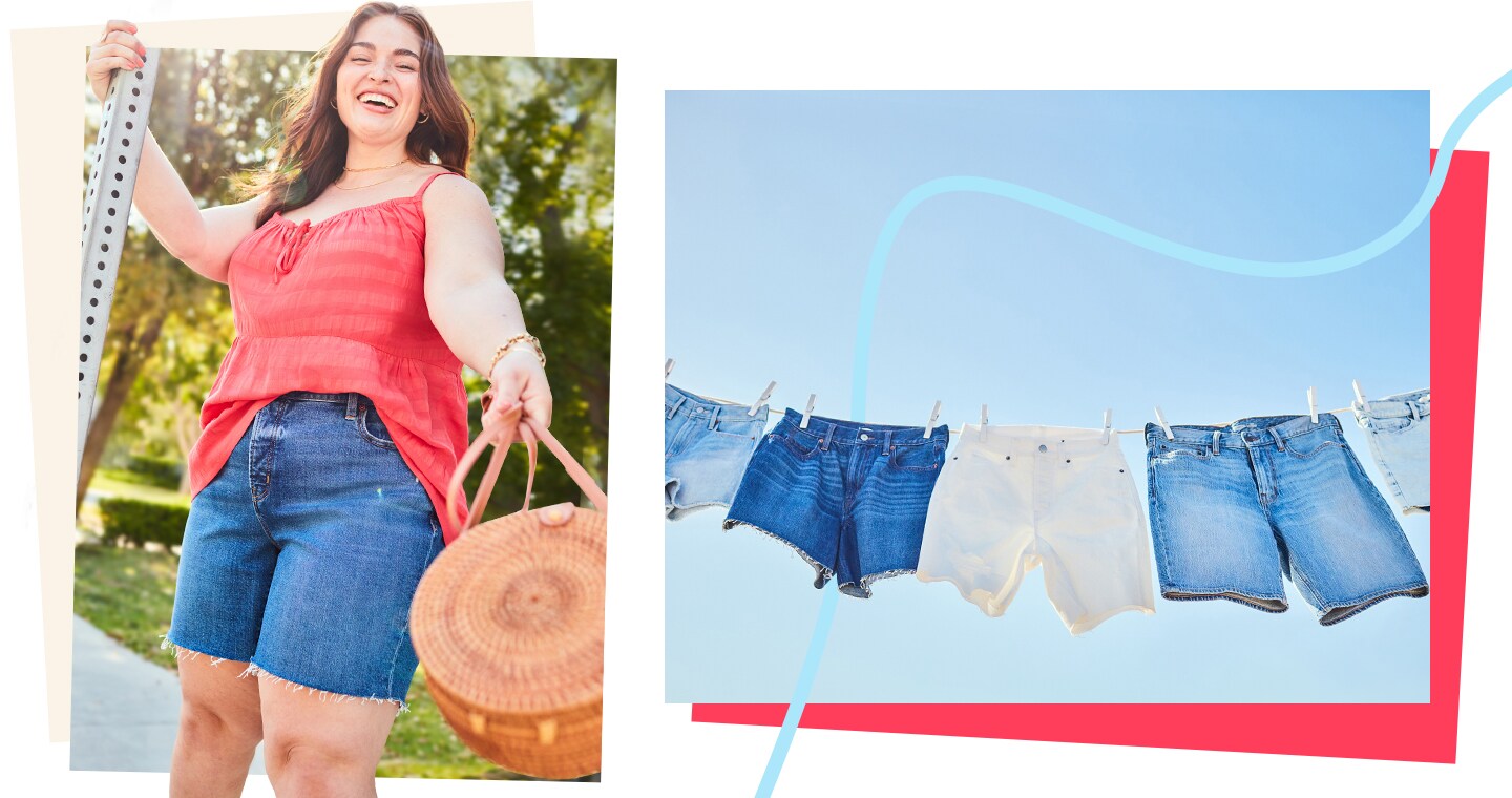 A female model dressed in long cut denim shorts paired with a red flowy tank & holding a basket purse.