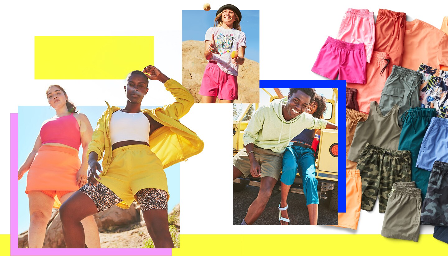 Two female models wearing various activewear skirts, shorts, tops, and jackets while outdoors. 
