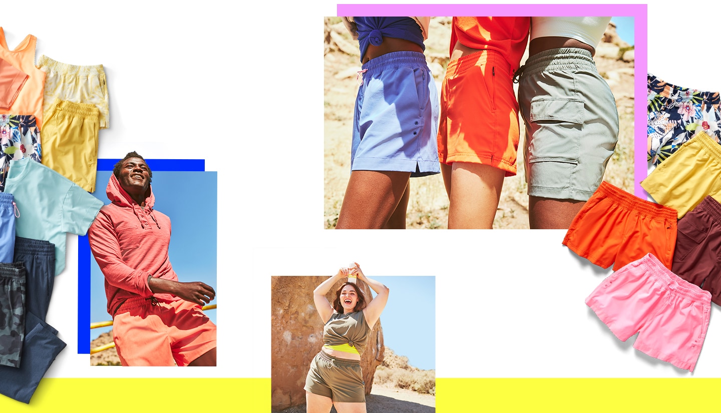 Female models in various styles and colors of activewear shorts.