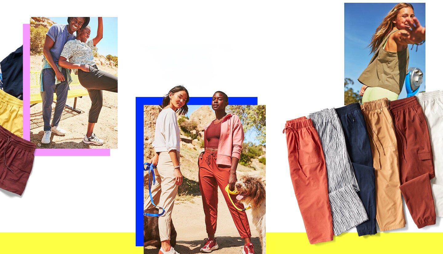 An array of active pants ranging in different colors and patterns. 