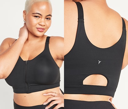 A model wears a black high-support PowerSoft zip-front sports bra