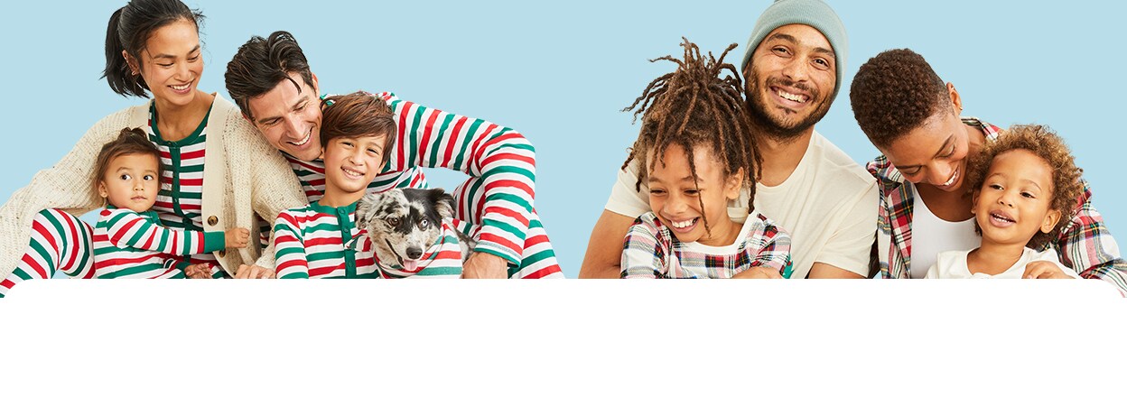 Image featuring a family wearing matching striped pajama sets and another family wearing matching plaid pajama sets