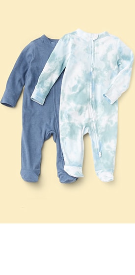 Image features a solid blue & a tie-dye newborn bodysuit.