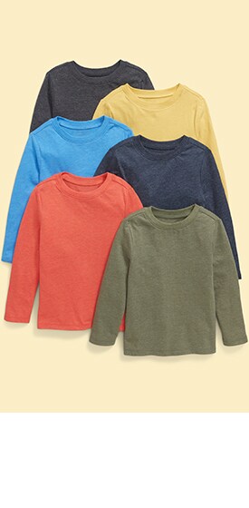 Image features six packs of solid color tops.