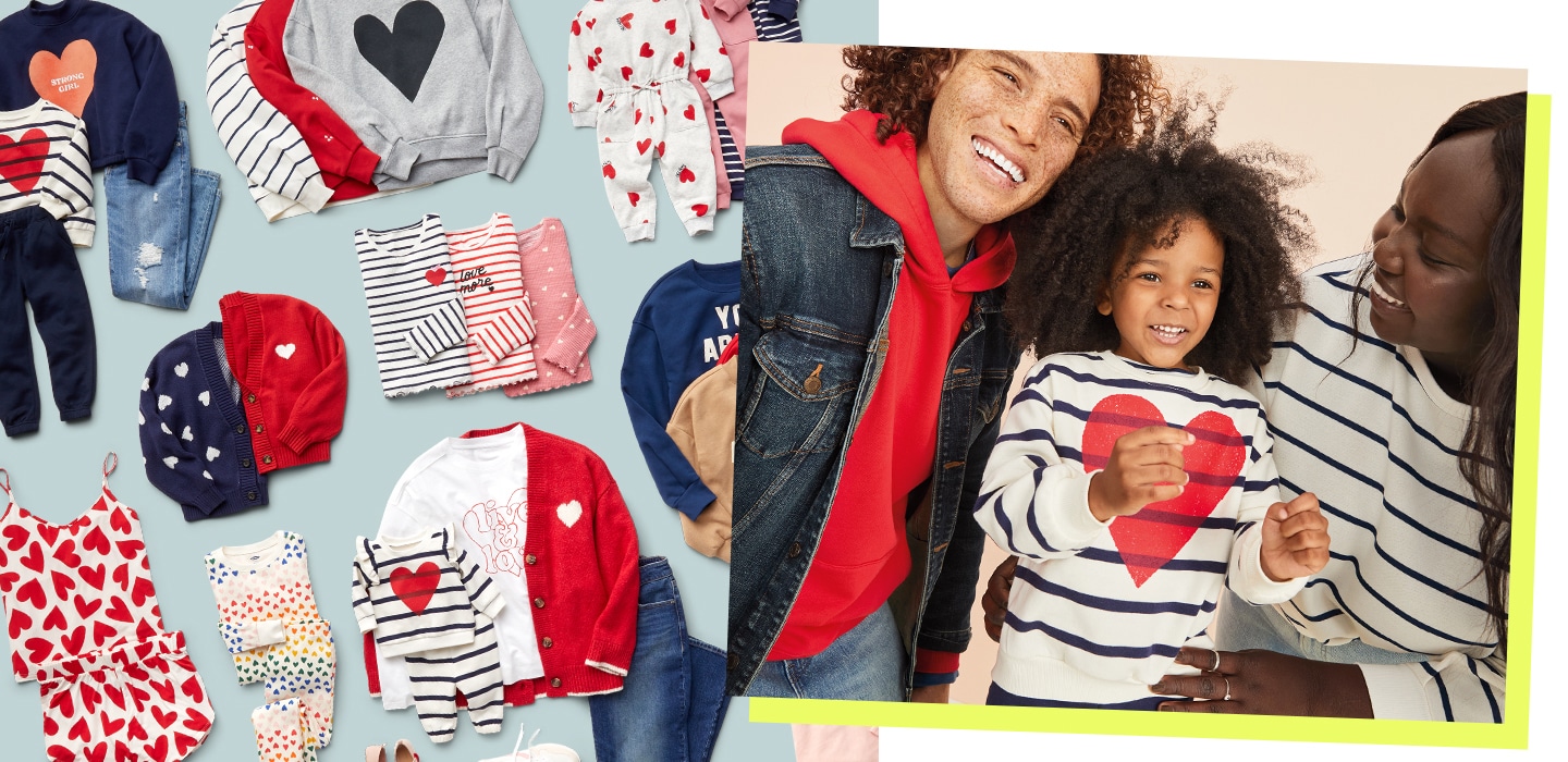 A family posing for the holidays and smiling. A layout of various pajamas with cute graphic designs.