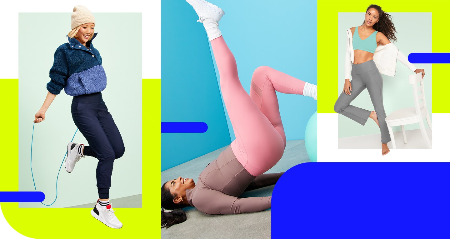 Model works out in Old Navy Active gear, with warm color powersoft legging and top.