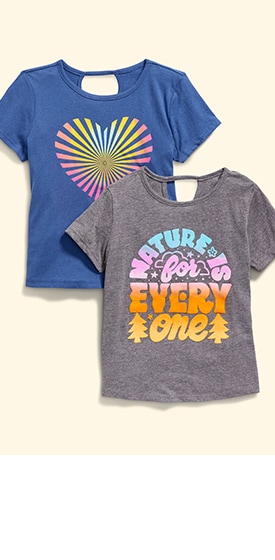 A layout of two graphic tees with a cutout.