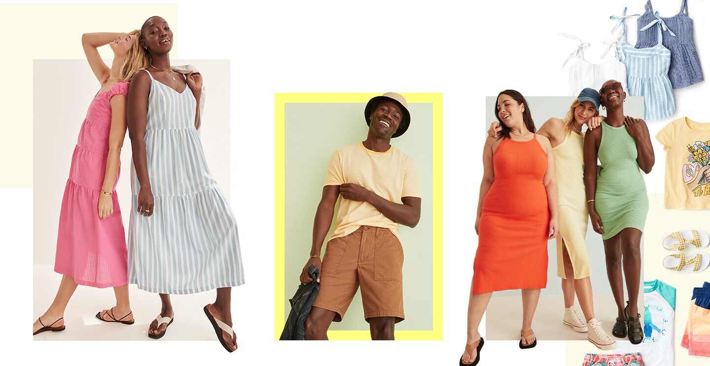 Two female models hugged up. One is wearing a bright pink long dress and another wearing a light striped long dress.