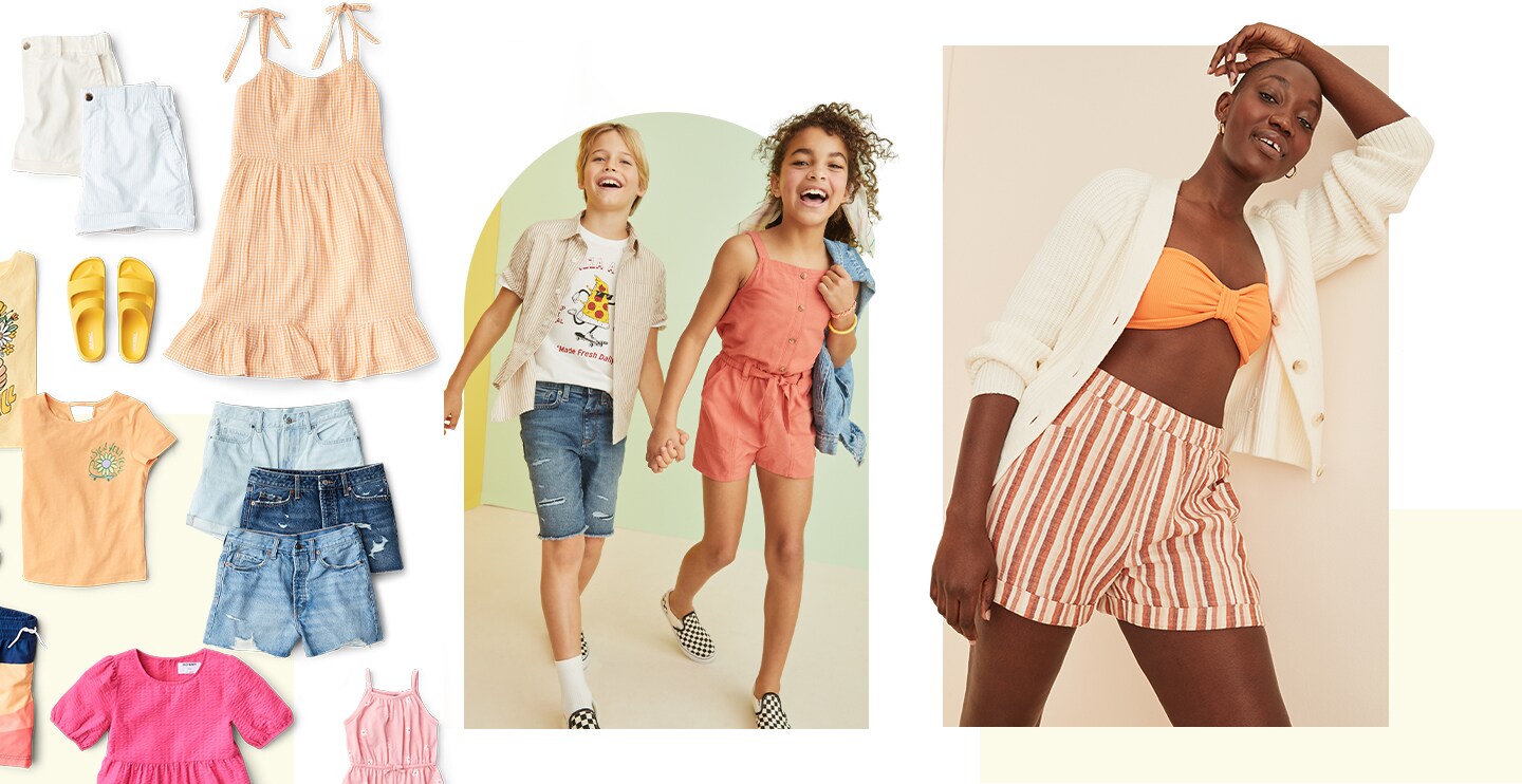 Young kids in summer swimwear. A layout of bright summer attire.