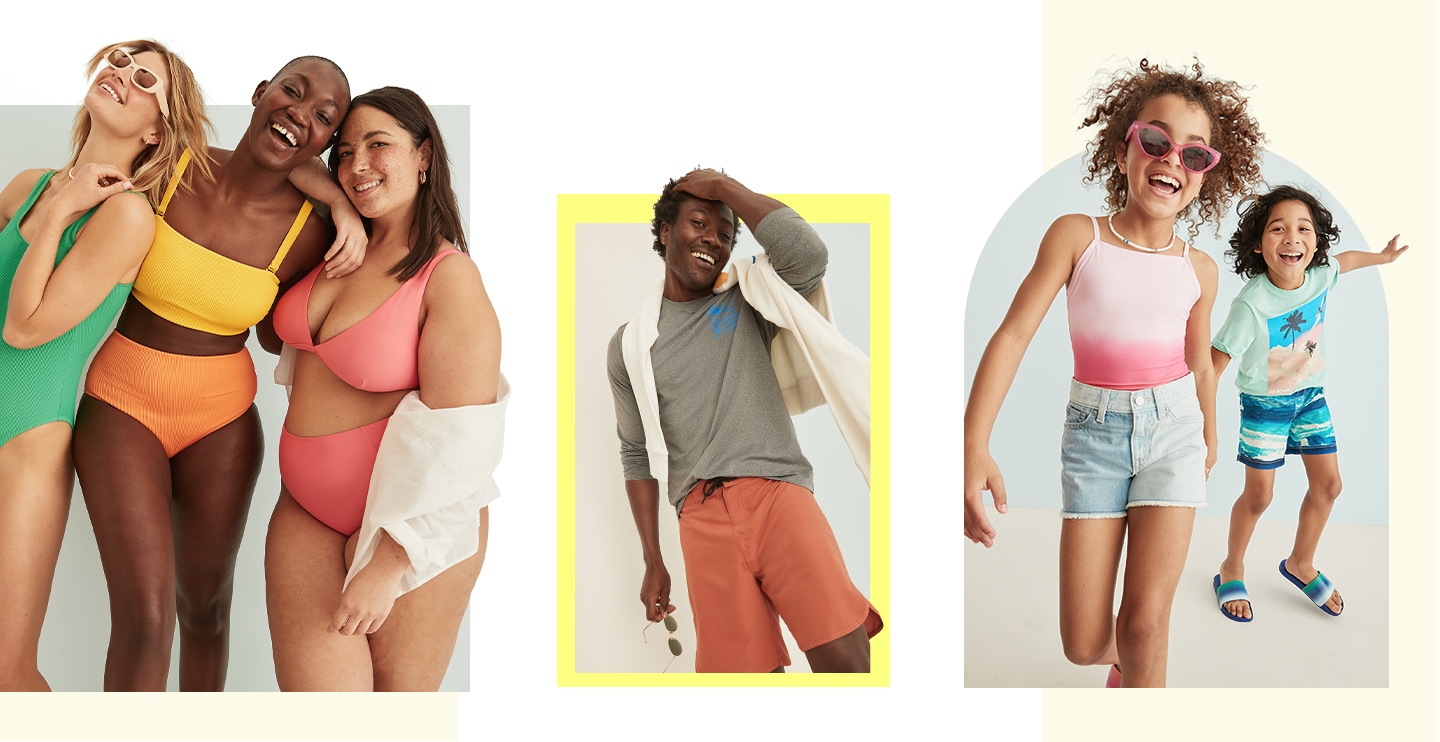 Three women in colorful bathing suits for various body types.