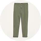 A pair of olive green pants with cuffed ankles.
