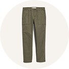A pair of army green pants with pockets.