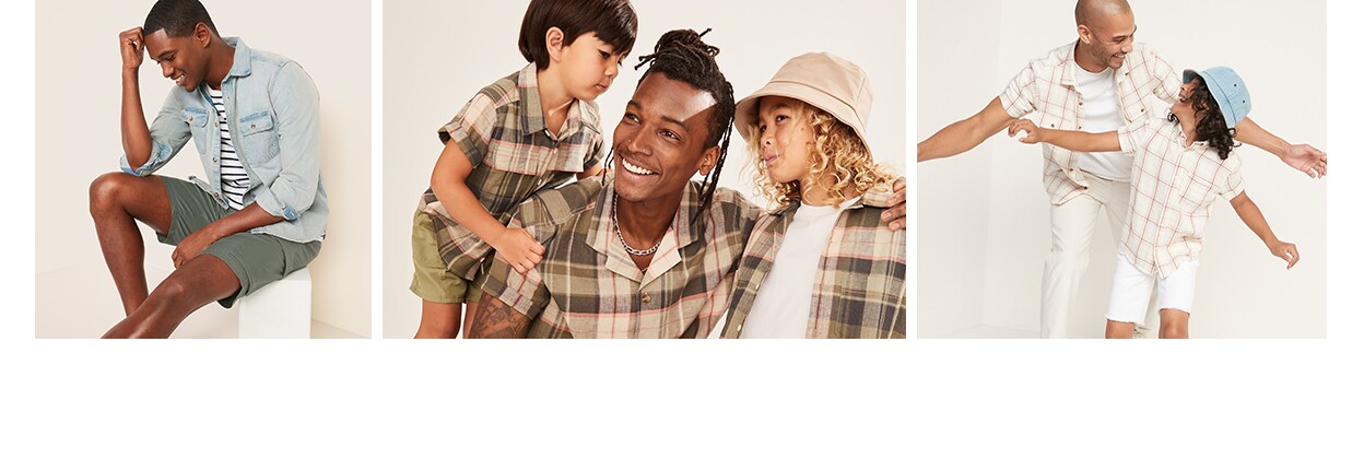 Multiple images of male models wearing Old Navy brand Father's Day apparel.