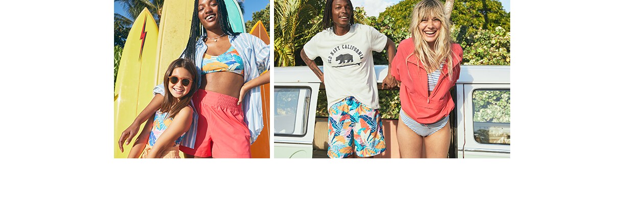 A group of models wearing colorful swim essentials from Old Navy's collection.