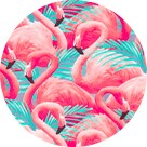 An elegant flamingo print with cyan leaves.