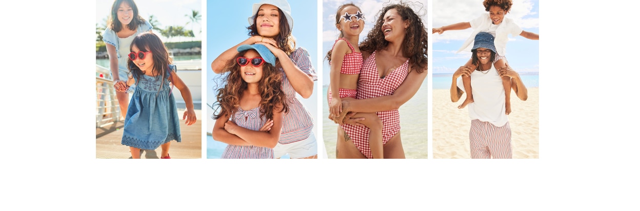 Image displaying a range of adult and kid models wearing matching clothes from Old Navy's collection.