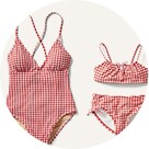 Image displays red plaid matching swimsuits.
