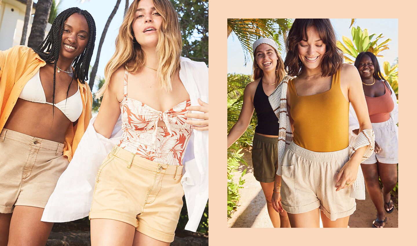 Female models wearing OG chino shorts and high waisted linen blend shorts and tank tops in various complementary colors and patterns.