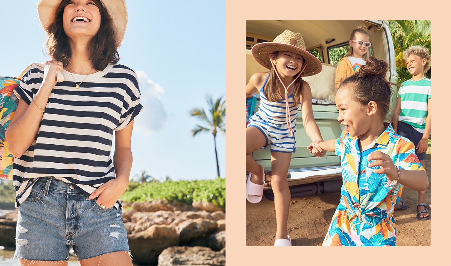 Image displays four kids wearing colorful patterned shorts with matching tops and a female model dressed in a denim cutoff short and loose stripped t-shirt.