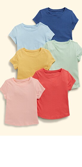 A layout of six solid color short sleeve tshirts.