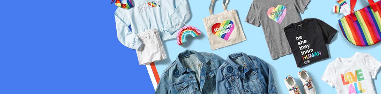 An array of Pride month-themed Old Navy apparel and accessories