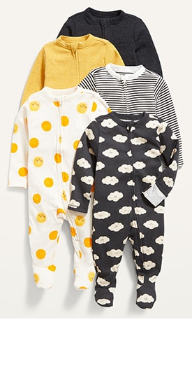 Image displays unisex 5 pack sleep and play footed one piece for baby.