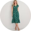 A model wearing shoulder sleeve fit and flare floral cami midi dress in dark green.