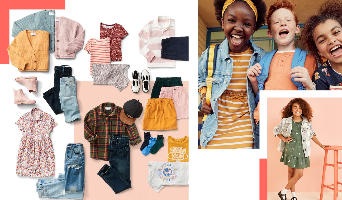 A layout of cardigans, dresses, corduroy skirts, flannels, andstriped tees in various fall colors.