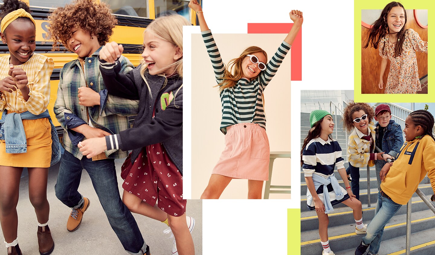  Two girls and a boy stepping on the school bus in fresh fis for their first day back to school.