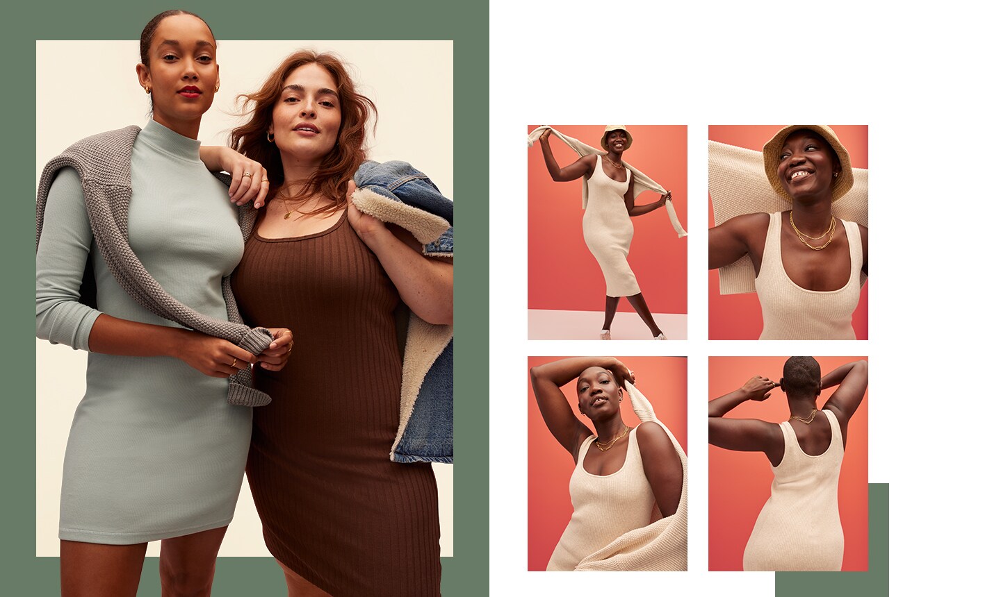 Three female models dressed in various styles and lengths of knit dresses in neutral tones. 