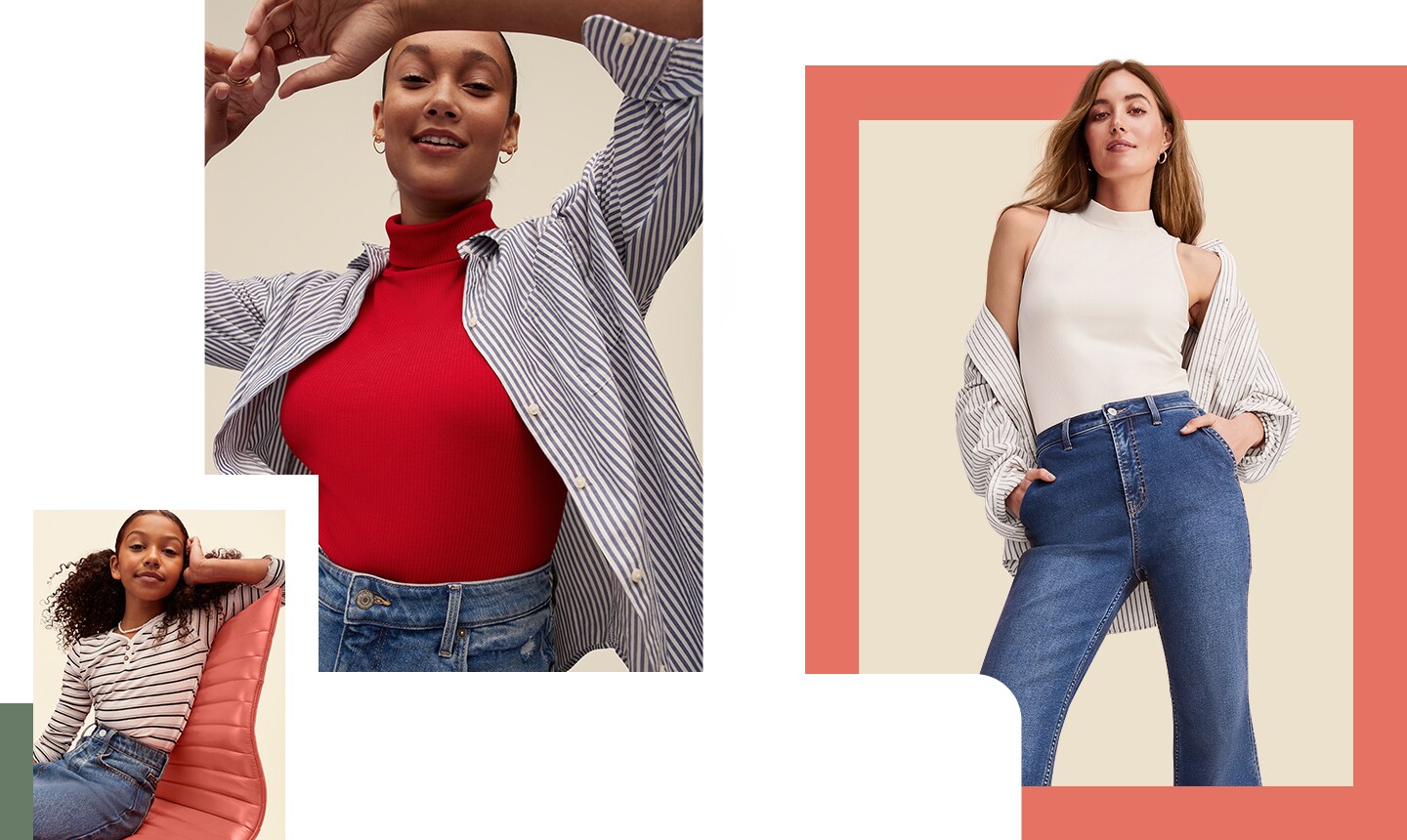 A female model in a white short sleeve mock neck top and jeans.