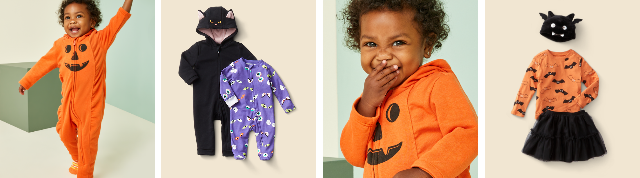 Images of toddlers and babies in Halloween costume style onesies