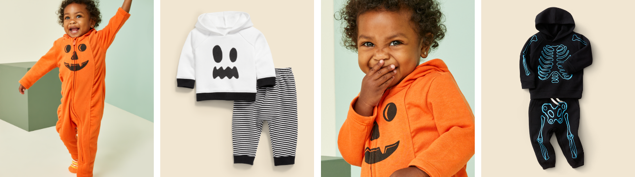 Images of toddlers and babies in Halloween costume style onesies