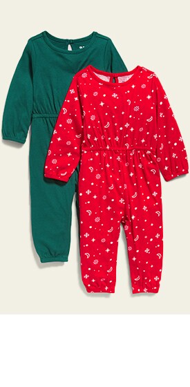 Image displays holiday unisex three pack bodysuits for baby, each in a different color and print.