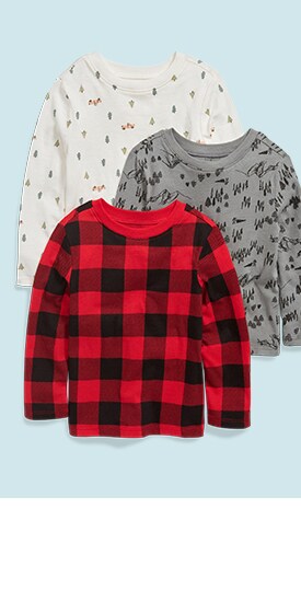 Image features three long-sleeve tops, each in a different color and pattern. 