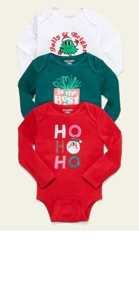 Image features three long-sleeve holiday graphic bodysuits for baby, each in a different color. 