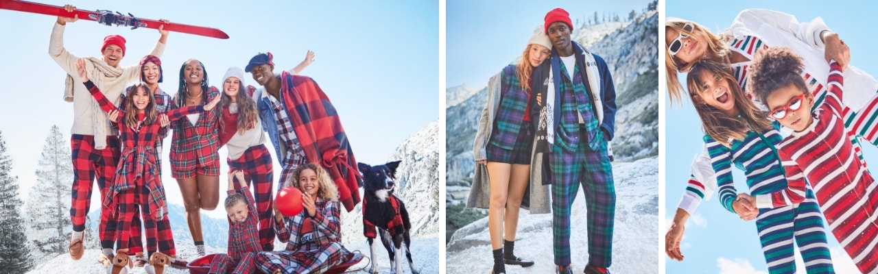 Images featuring a family members wearing matching holiday themed matching pajama sets.